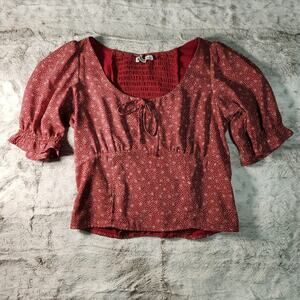 Abercrombie & Fitch Red Puff Sleeve Floral Tie Front Crop Blouse Top size S